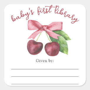 Sticker Carré Ex-libris Baby Shower ruban cerise aquarelle