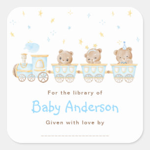 Sticker Carré Ex-libris Baby Shower Train Bleu Ours