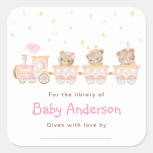Sticker Carré Ex-libris Baby Shower Train Rose Ourson