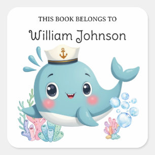 Sticker Carré Ex-libris Baleine Bleue Mignonne pour Enfants