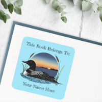 Ex-libris du lac bleu au plongeon huard au coucher