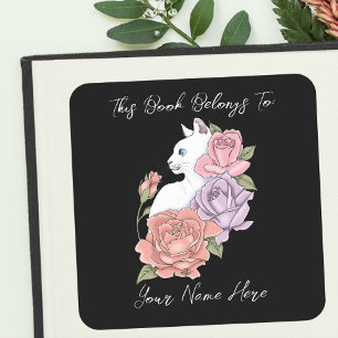 Sticker Carré Ex-libris Fleur pastel Chat blanc Romantique