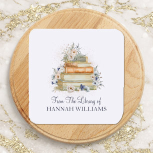 Sticker Carré Ex-libris Fleurs Bleu Beige Vintage et Livres