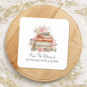 Sticker Carré Ex-libris Fleurs Roses Vintage et Livres