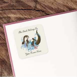 Sticker Carré Ex-libris Loutre de Rivière Bleue Fantaisiste Joue