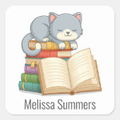 Sticker Carré Ex-libris personnalisé avec un chat mignon sur une (Devant)