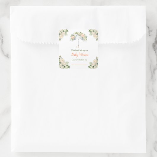 Sticker Carré Ex-libris pour Baby Shower Parapluie Floral (Sac)