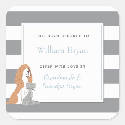 Sticker Carré Ex-libris pour bébé gris rayé animaux chien et cha (Devant)
