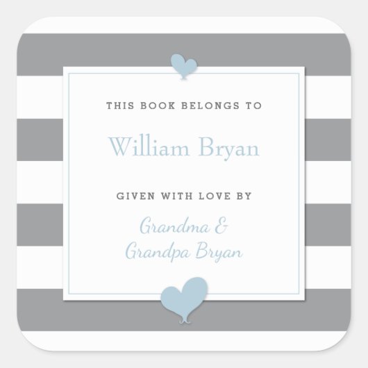 Sticker Carré Ex-libris pour bébé gris rayé cœurs bleu clair (Devant)