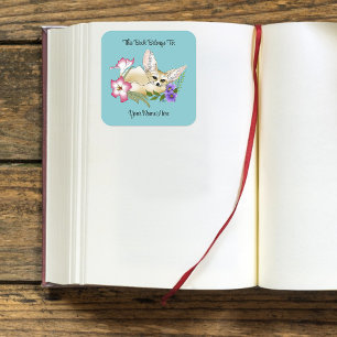 Sticker Carré Ex-libris Renard Fennec Rose Fleurs Violettes Mign