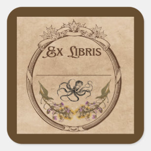 Sticker Carré Ex-libris vintage avec pieuvre