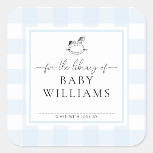 Sticker Carré Ex-livre Cheval À Bascule Gingham Bleu (Devant)