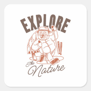 Sticker Carré Explorez La Nature - Randonneur En Chat Vintage