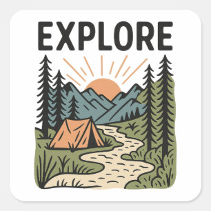 Sticker Carré Explorez l'aventure de plein air Camping Randonnée