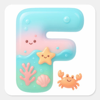 Sticker Carré "F" Cute Bubble Letter - Underwater Sea Creature A