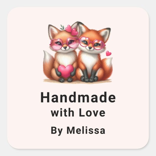 Sticker Carré Fabriqué à la main avec amour mignon renards orang (Devant)