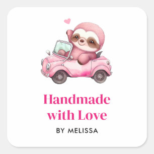 Sticker Carré Fabriqué à la main avec l'amour mignon rose Sloth 