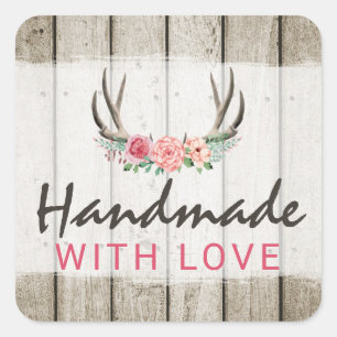 Sticker Carré Fabriqué à la main avec l'amour Rustique Antlers F