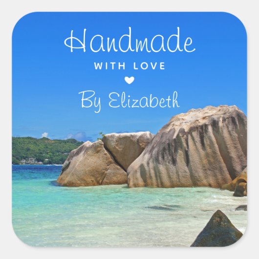 Sticker Carré Fabriqué avec amour Belle Mer Tropicale Côte Roche (Devant)