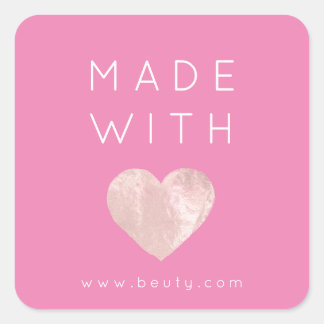 Sticker Carré Fabriqué Avec Amour Coeur rose Nom Web Simplement 