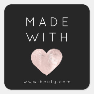 Sticker Carré Fabriqué Avec Amour Coeur rose Nom Web Simplement