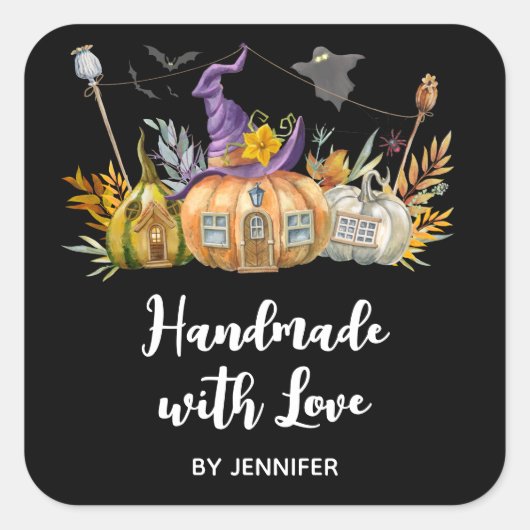 Sticker Carré Fabriqué avec amour Hauné Citrouille Maison Fantôm (Devant)