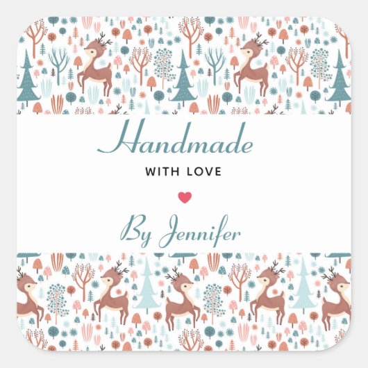 Sticker Carré Fabriqué avec amour mignon cerf dans un Motif fore (Devant)