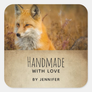 Sticker Carré Fabriqué avec amour mignon Red Fox Wilderness Phot