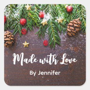Sticker Carré Fabriqué avec amour table de Noël rustique avec pi