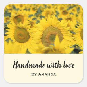 Sticker Carré Fabriqué avec l'amour Champ Jaune des tournesols