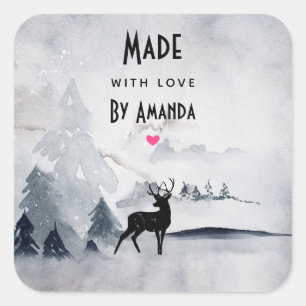 Sticker Carré Fabriqué avec l'amour Rinder d'hiver Aquarelle rus