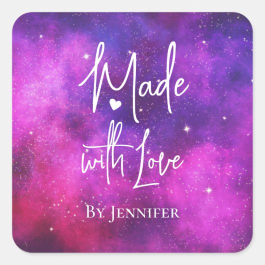 Sticker Carré Fabriqué avec l'amour rose & violet espace & étoil (Devant)