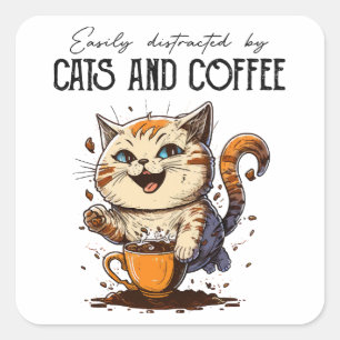 Sticker Carré Facilement Distrait Par Les Chats Et Le Café Amour