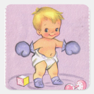 Sticker Carré Faire-part bébé vintage / Gants de boxe