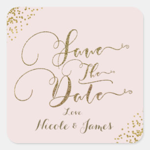 Sticker Carré Faire part de date rose poudré or confettis aux co