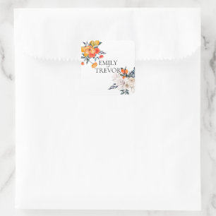 Sticker Carré Faire-part de mariage floral orange et blanc