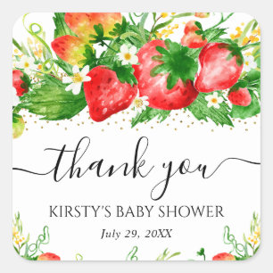 Sticker Carré Faire-part de naissance aux fraises et fleurs aqua