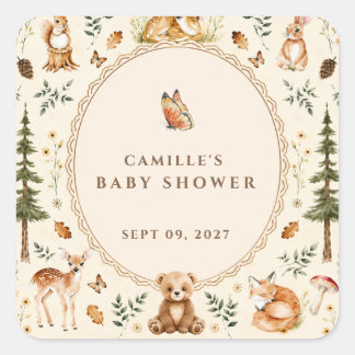 Sticker Carré Faire-part de naissance cottagecore boisée pour bé
