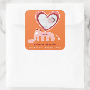 Sticker Carré Faire part de naissance fille bébé éléphant orange