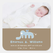Sticker Carré Faire-part de naissance photo bébé garçon éléphant (Devant)