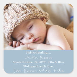 Sticker Carré Faire-part de naissance photo moderne Blue Baby Bo