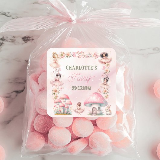 Sticker Carré Fairy Mushroom House Pink Birthday