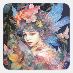 Sticker Carré Fairy Woman in Flowers Imaginaire Art