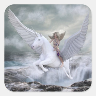 Sticker Carré Fairytale Magique Mystical Unicorn et femme