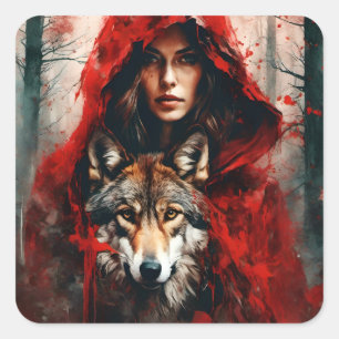 Sticker Carré Fairytale Woman et un loup