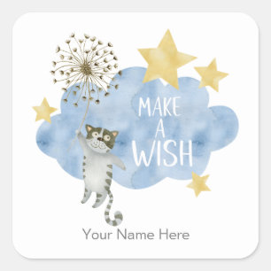 Sticker Carré Fais un vœu Citation Chat Étoiles Nuage Nounours B