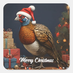 Sticker Carré faisan avec arbre de noël et cadeaux