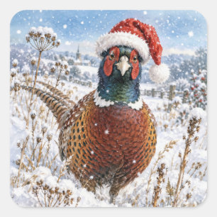 Sticker Carré Faisan de Noël dans un champ hivernal