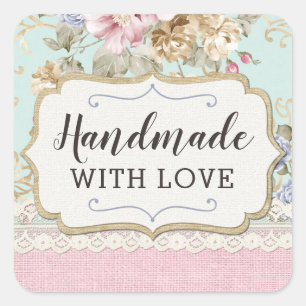 Sticker Carré Fait À La Main Avec Amour Chic Rose Floral Vintage