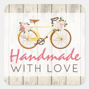 Sticker Carré Fait À La Main Avec Amour Chic Vélo Vintage Shabby